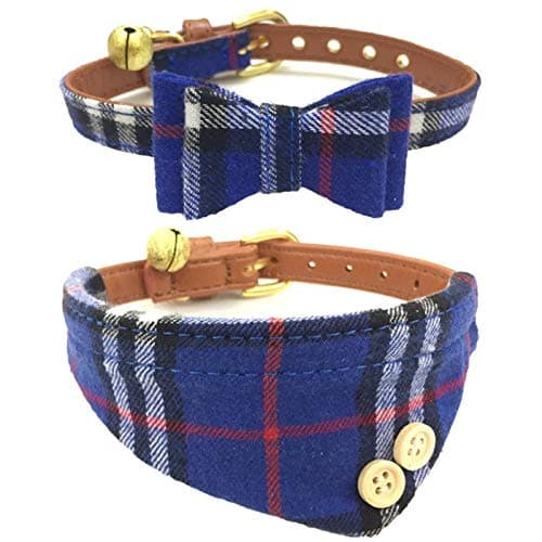 Dog Collars for Small Dogs Puppy Collars Adjustable Bow-tie Cat Collars with Bell Cute Plaid Bandana Dog Collar Blue (2 Pack)