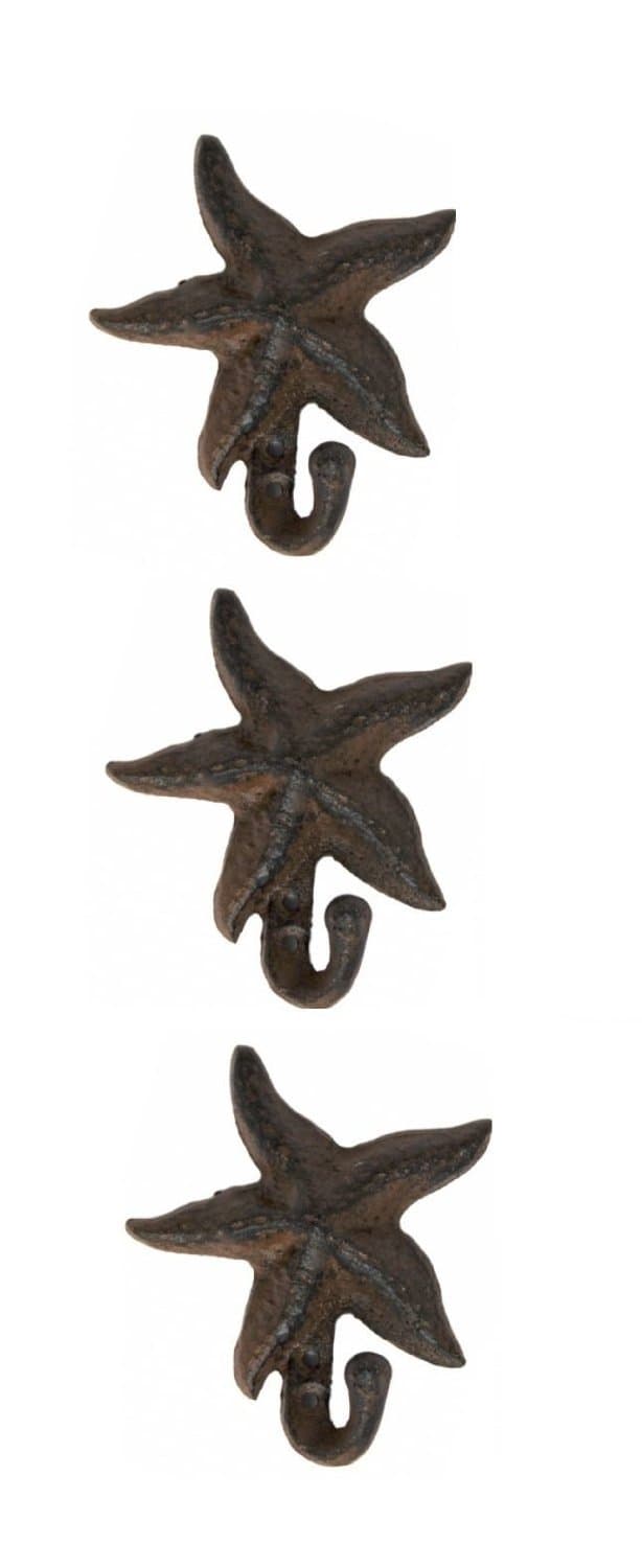 Moby Dick Specialties Starfish Wall Hangers Cast Iron Brown - Set of 3 for Coats, Aprons, Hats, Towels, Pot Holders, More