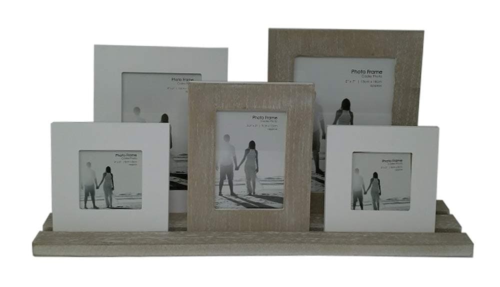 Rustic 5 Wooden Photo Frames On Tray ~ Finished In A Distressed Lime Washed Style