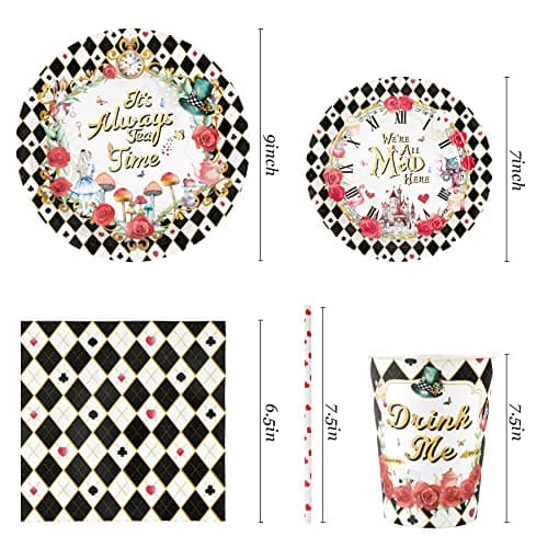 Alice Tea Party Decorations - Baby Shower Paper Plates, Napkins, Cups & Straws for 24 Guests, 120 Pcs Disposable Party Dessert Dinnerware