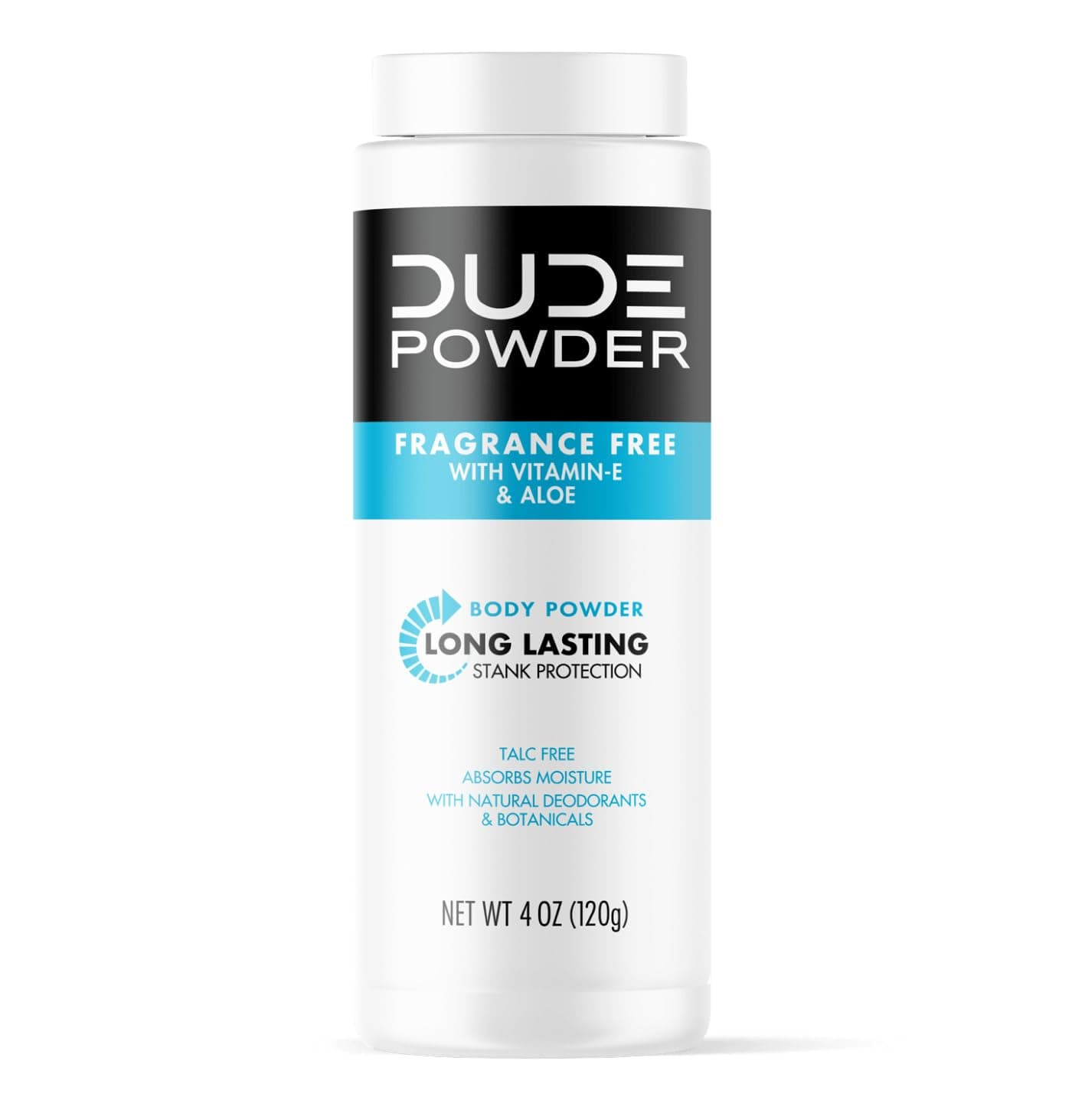DUDE Body Powder - Fragrance Free 4 Ounce Bottle Natural Deodorizers With Chamomile & Aloe, Talc Free Formula, Corn-Starch Based Daily Post-Shower Deodorizing Powder for Men