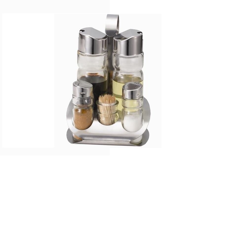 5 Piece Cruet Condiment Set Glass Salt Pepper Oil & Vinegar Dispencer Rack Stand