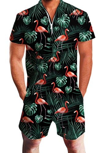 Mens Casual 3D Printed Short Sleeve Rompers Zip Jumpsuit with Pocket S-XXL