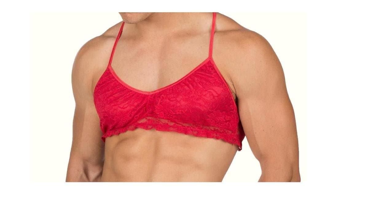 Lace and Satin Whisper Bralette for Men (Small, Red)