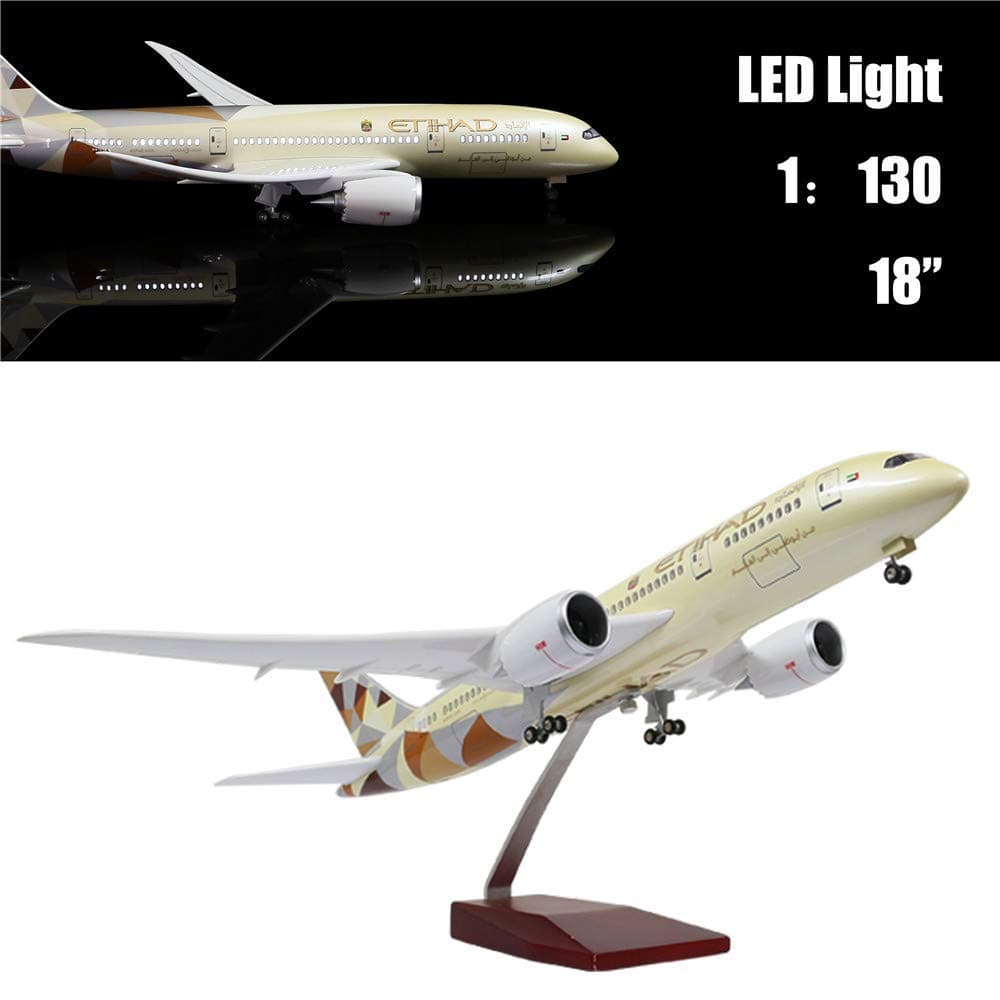 LESES 46cm 1:130 Scale Diecast Plane Model Etihad B787 with LED Light(Touch or Sound Control) for Decoration or Gift