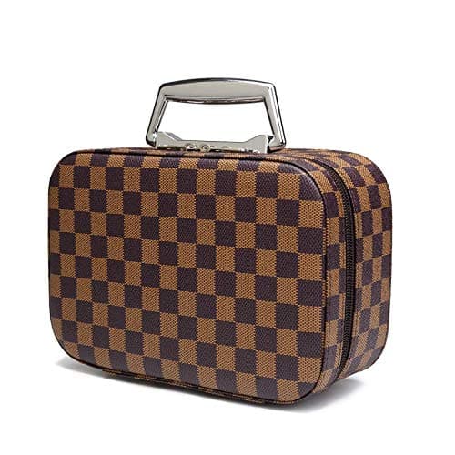 Travel Makeup Bag with Mirror Premium Vegan Designer Make Up Bag Organizer Train Case for Women PU Vegan Leather Cosmetic toiletry Travel bag (Brown)