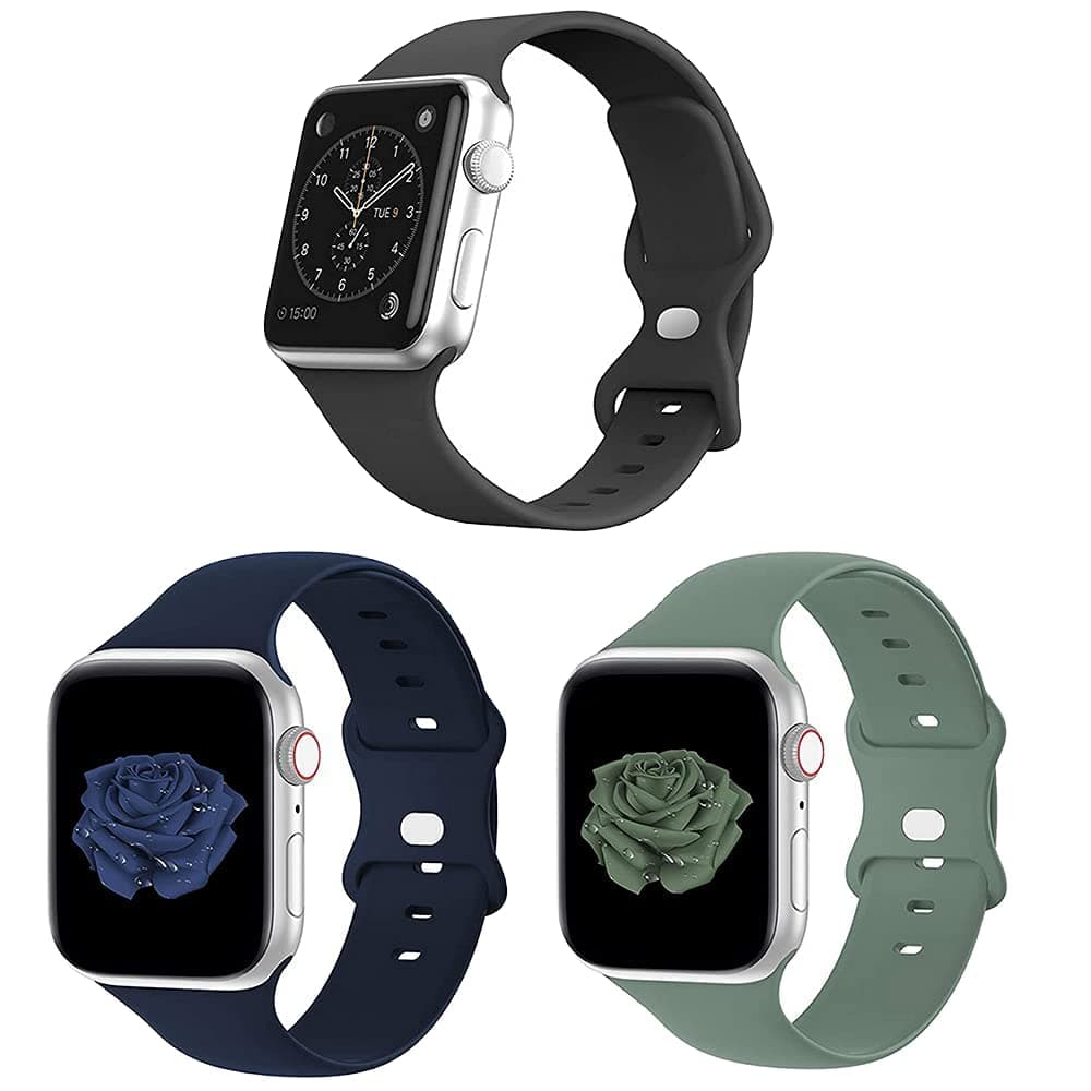 MORTREESport Bands Compatible iWatch Band 38mm 40mm 42mm 44mm,3-Pack Soft Silicone Bands Wristbands Replacement Strap Compatible for Iwatch SE Series 6 5 4 3 2 1 All Models (Black/Blue/Green 42/44mm)