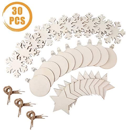 Quacoww 30Pcs Unfinished Wooden Christmas Tree Hanging Ornaments 3 Styles for DIY Wood Craft Christmas Decorations