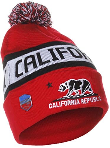 American Cities Unisex California Republic Bear Cuff Pom Pom Beanie Knit Hat Cap - Red White