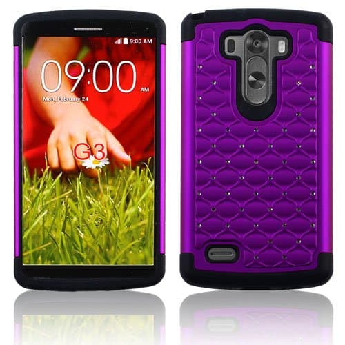 TM LG G3 D850 Studded Armor Dazzling Diamond Hybrid Silicone Hard Stars Cell Phone Case Cover,Premium Dual Layer Hybrid Back Cover Case Protection with Bling Diamond Rhineston,Spot Diamond Bling Hard Shell for LG G3 D850 Cell Phone (Verizon, AT&T, Sprint,T-Mobile) (Purple)