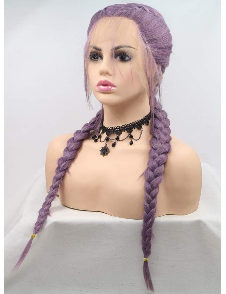 Exvogue Purple Pigtail Braid Wig Natural Looking Hair Parting Lace Front Double Long Braids Synthetic Wigs for Women Heat Resistant 100% Fiber Hair