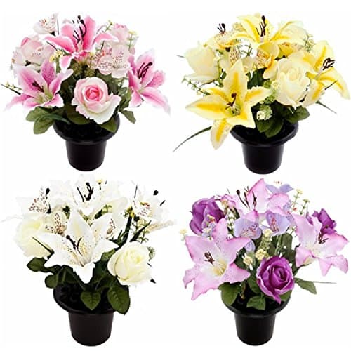 FLORIST SUPPLIESArtificial Grave Crem Pot Memorial Flower Arrangement Lily Rose 4 Colours (Cream)