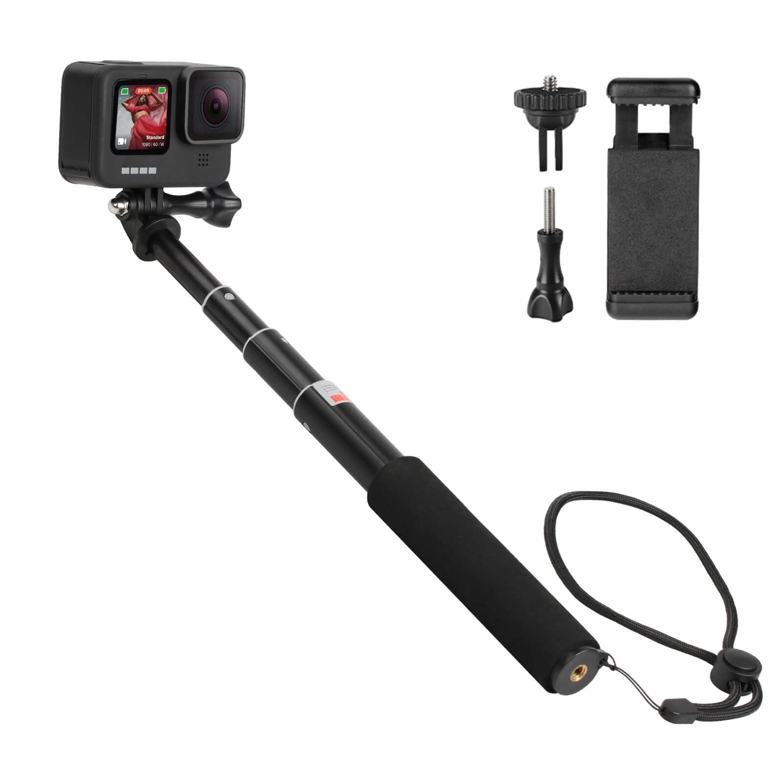 HSU Extendable Selfie Stick， Waterproof Hand Grip for GoPro Hero 13/12/11/10/9/8/7/6/5/4, Handheld Monopod Compatible with Cell Phones, AKASO Campark Insta360 X4 X3 and Other Action Cameras