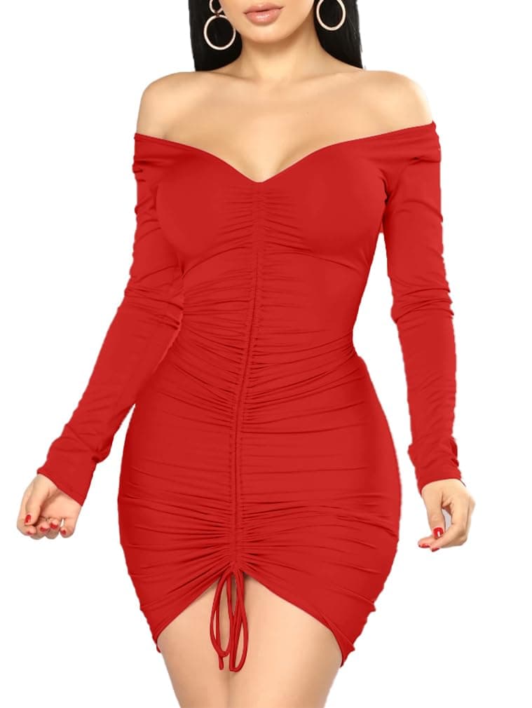 Women's Sexy Elegant Long Sleeve Off The Shoulder Ruched Mini Dress