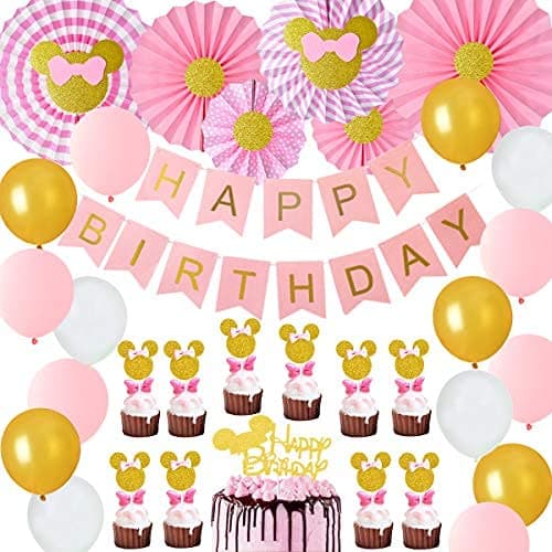 Cartoon Mouse Themed Party Decorations Pink and Gold Cartoon Mouse Paper Fans Glitter Cake Cupcake Toppers 1st 2nd 3rd 4th Girl Birthday Supplies for Baby Shower