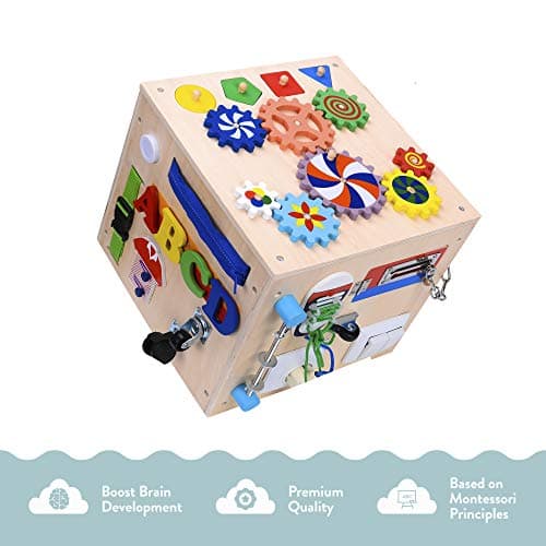 Primo Supply 5X Sensory Board Montessori Busy Box Enrichment Educational Learning Toy l Fun Engaging Cube for Toddlers Play with Zippers Buttons Wheels Bells Lock Flaps Rotor Gears, Buckles