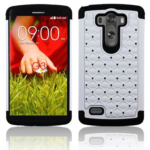 Allmet TM LG G3 D850 Studded Armor Dazzling Diamond Hybrid Silicone Hard Stars Cell Phone Case Cover,Premium Dual Layer Hybrid Back Cover Case Protection with Bling Diamond Rhineston,Spot Diamond Bling Hard Shell for LG G3 D850 Cell Phone (Verizon, AT&T, Sprint,T-Mobile) (White)