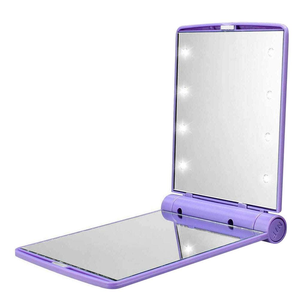 Travel Mirror, Mpowtech Portable LED Lighted Makeup Mirror with 8 Led Lights, Folding Compact Mirror Perfect for Purse, Pocket and Travel (Purple)