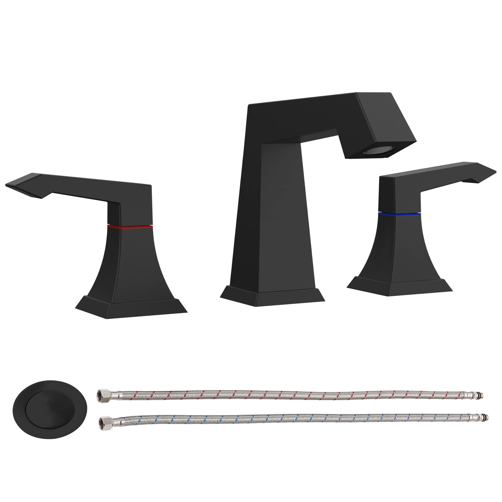2 Handles Heavy Duty Widespread Bathroom Faucet Matt Black Bathroom Sink Faucet 3 Hole with Metal Pop up Drain Assembly and Supply Hoses
