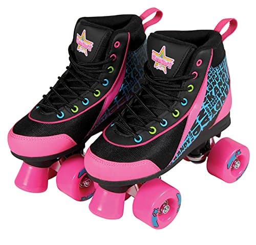 Kandy Kid's Roller Skates - Comfortable Children's Skates with Fun Colors and Designs (Disco Diva Black and Pink) (Size 4)
