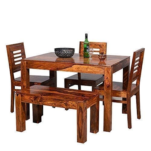 Jyoti Furniture Sheesham Wood 4 Seater Dining Table with 3 Chairs & 1 Bench for Dining Room Wooden Dining Table 4 Seater for Living Room 4 Seater Dining Table with Bench (Honey Finish)
