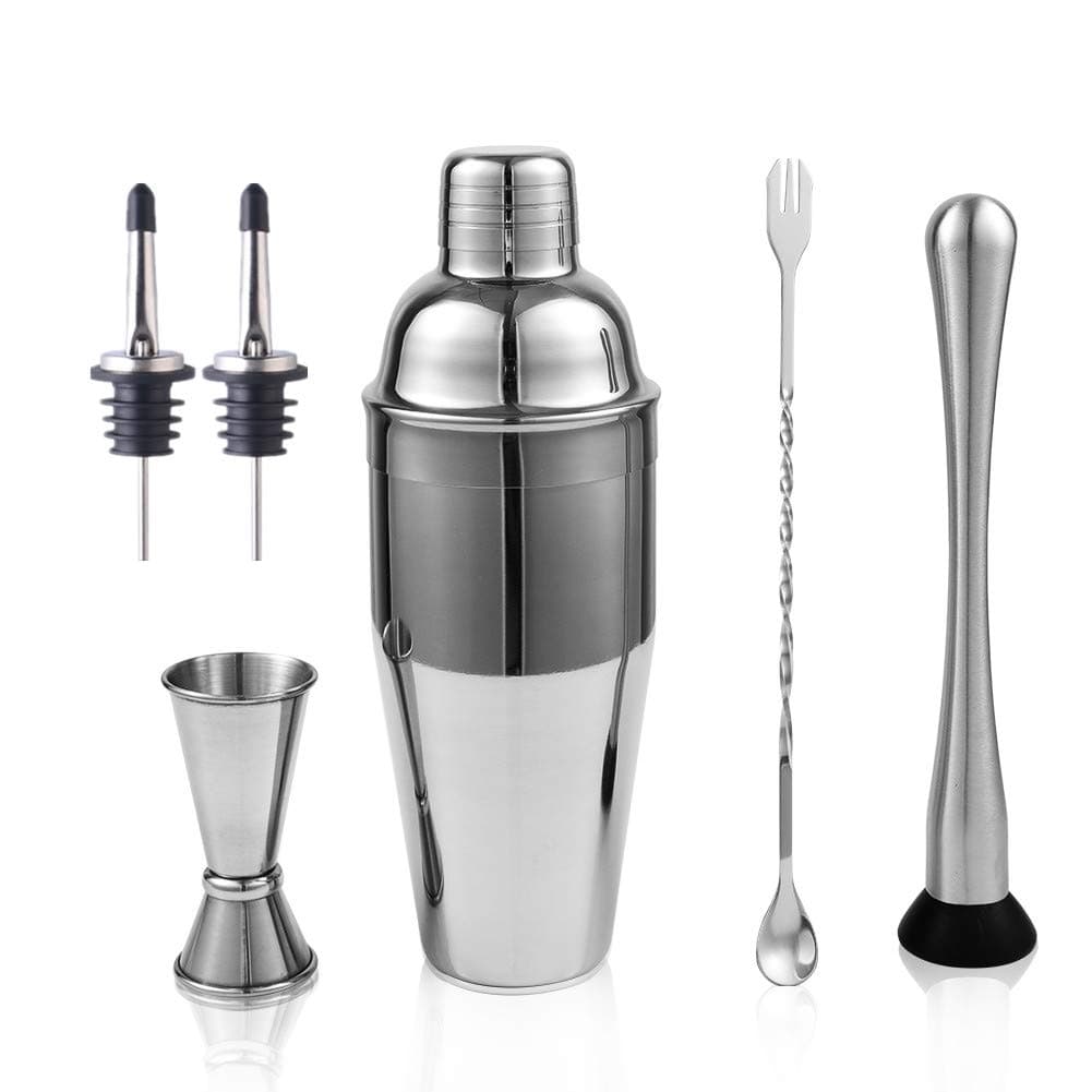 Cocktail Shaker Set, Bartender Kit Includes 24 oz Stainless Steel Martini Shaker,Mixing Spoon, Muddler,Jigger,Liquor Pourer,Velvet Bag,Cocktail Recipes Booklet.