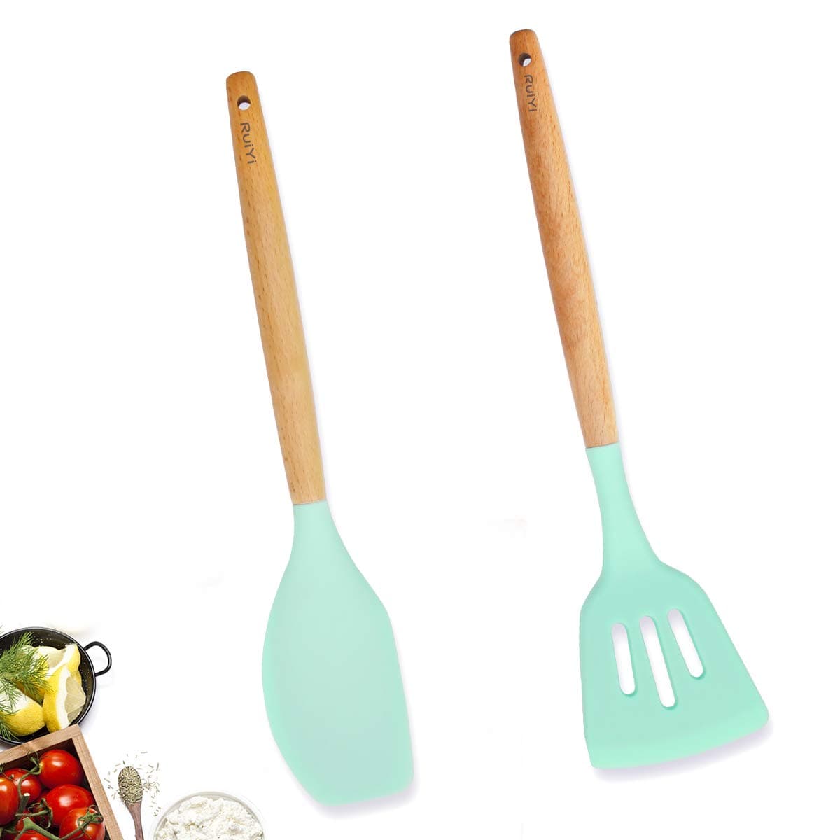 Silicone Kitchen Cooking Spatula Set Turner for Nonstick Cookware, Pioneer Natural Wooden Kitchen Gift for Woman Mom Family(Mint Green, BPA Free)