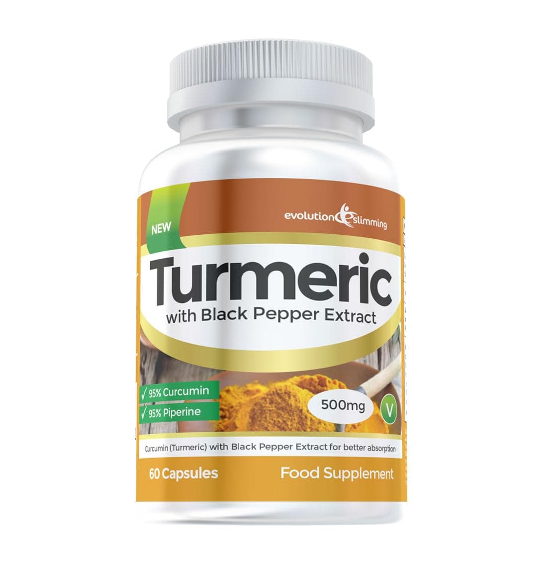 Turmeric with Black Pepper Extract Piperine, High Strength (500mg) for Weight Loss & Anti-Weight Gain, 60 Capsules, Evolution Slimming