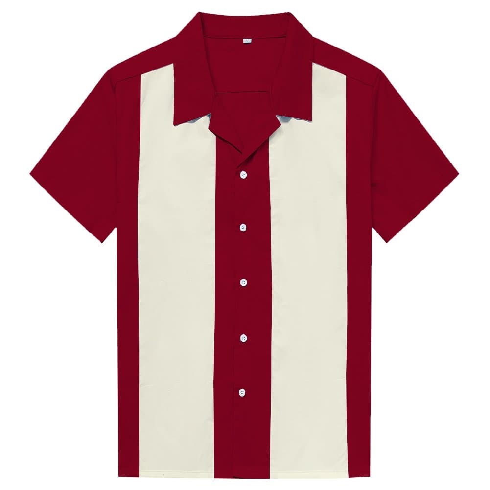 Candow LookMens Bowling Plus Size Patchwork Casual Burgundy Button Up Shirts