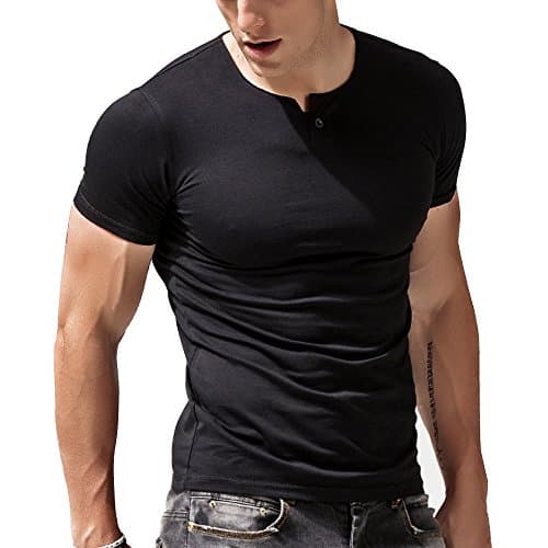 Slimbt Mens Short Sleeve Cotton Muscle Slim Fitted Sport Henley T-Shirt with Button Black M
