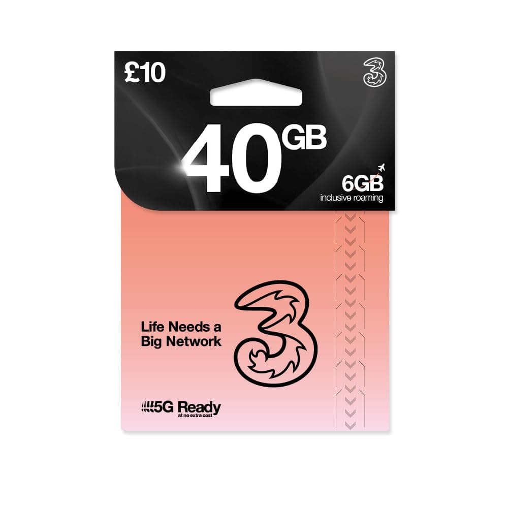 THREE 4G/5G SIM Card UK & ROAM FREE in over 70 destinations - PREPAID PAYG £10 Bundle - 20GB + (20GB FREE DATA) Unltd Texts & Mins - ROAMING ALLOWANCE 6GB