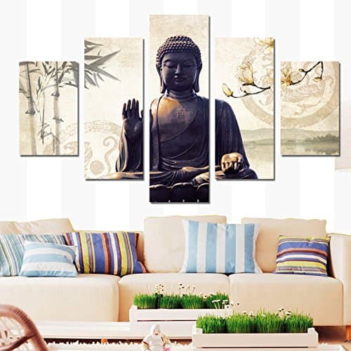 5 Panel Modern Printed Buddha Painting Picture Cuadros Decoracion Buda Paintings Canvas Wall Art For Living Room Framed With Inner Wood Frame Ready To Hang Directly EMS(6-8 Working Day) XY-J011