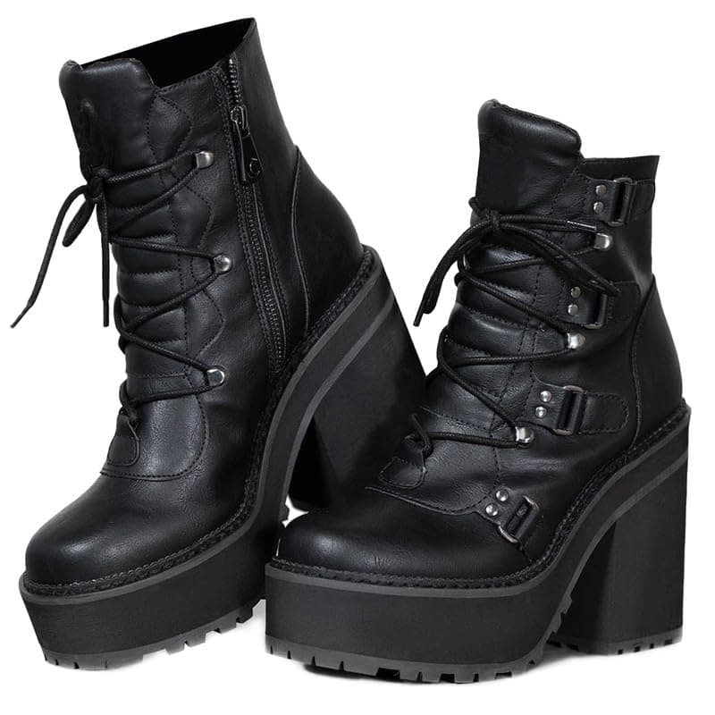 AMINUGAL Black Platform Combat Boots for Women - Round Toe Punk Goth Motorcycle Riding Wedges Block Heel Booties - Lace Up Ankle Boots Dressy Comfy Size 9.5