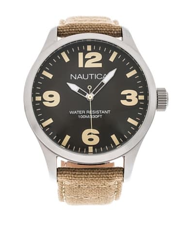 Nautica BFD 102 Men's Quartz Watch with Green Dial Analogue Display and Beige Textile Strap A11558G