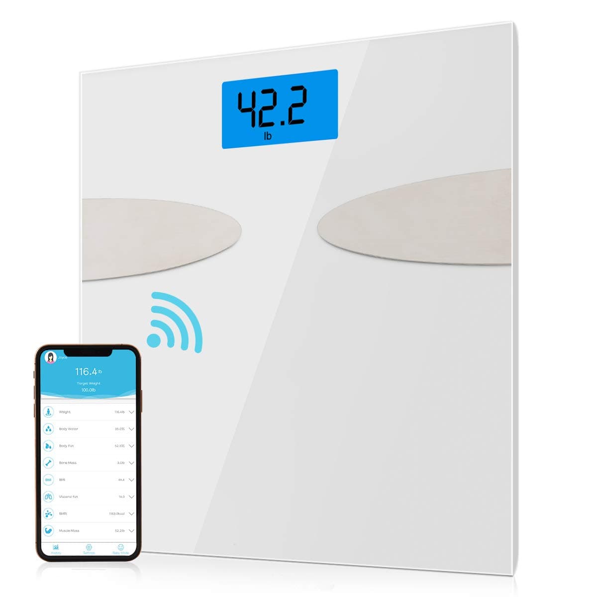 YEGU Body Fat Scales, Bluetooth Digital Bathroom Scales with IOS and Android App High Precision Body Composition Monitors for Body Weight, Body Fat, Water, Muscle Mass, BMI, BMR, Bone Mass,White