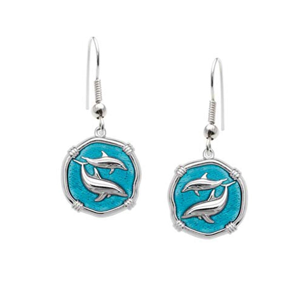 Guy Harvey Dolphin Earrings with Cayman Green Enamel - Crafted in Sterling Silver