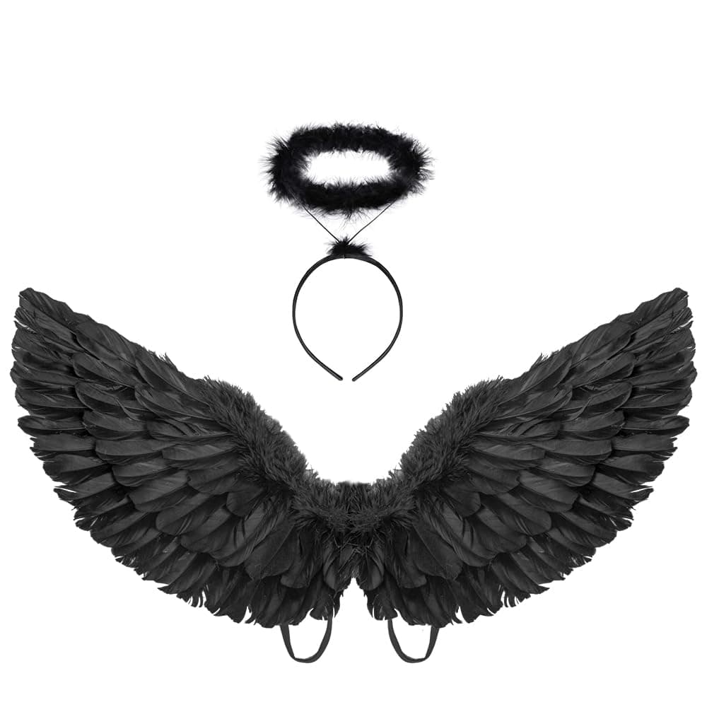 Dark Angel Costume Wings and Halo for Kids fallen Angel Adult Feather Wings(Black)