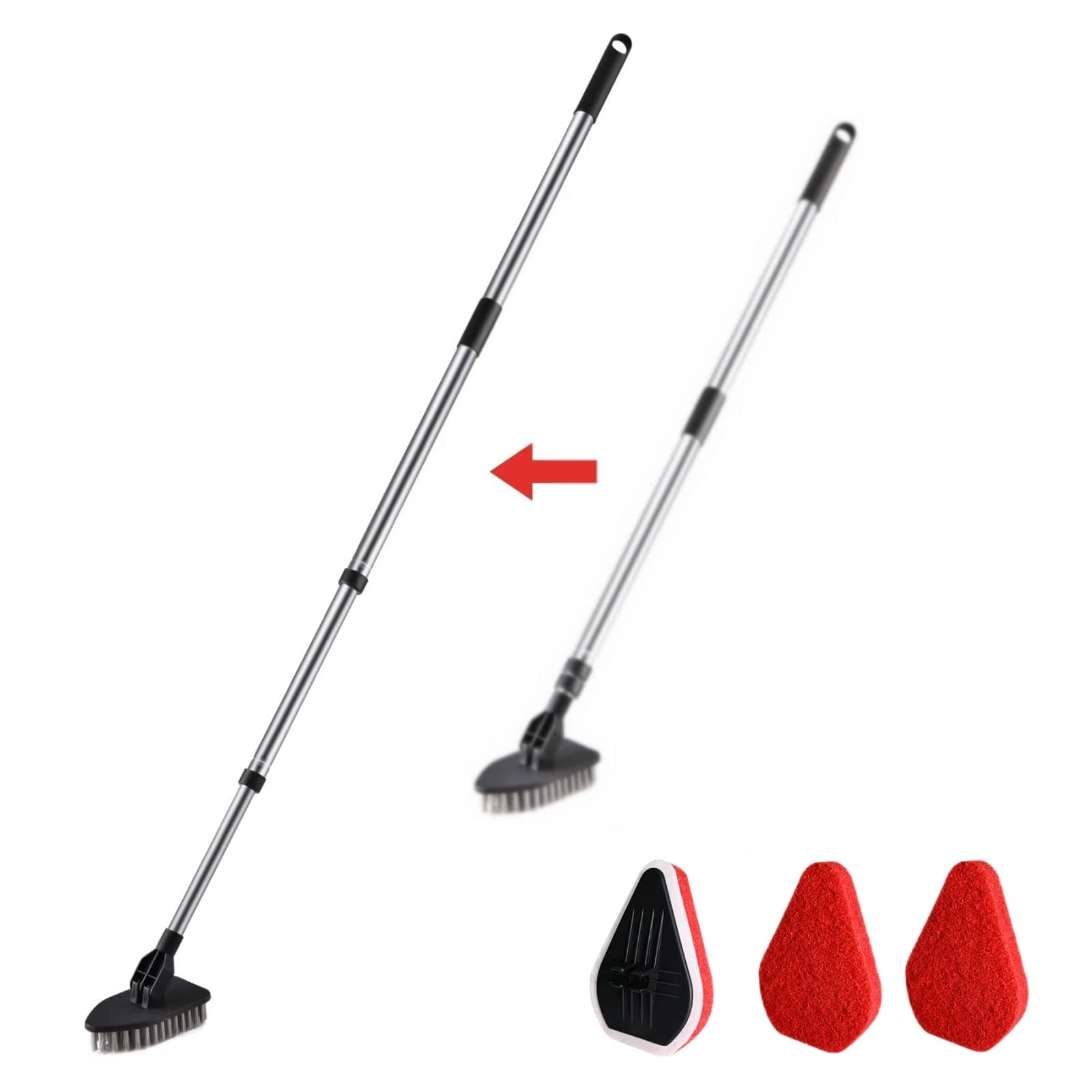 Tub Tile Scrubber Brush Long Handle, 2 in 1 Shower Cleaning Brush 46" Adjustable Telescopic Pole with 1 Stiff Bristles & 3 Scouring Pads for Cleaning Bathroom Kitchen Sink Wall