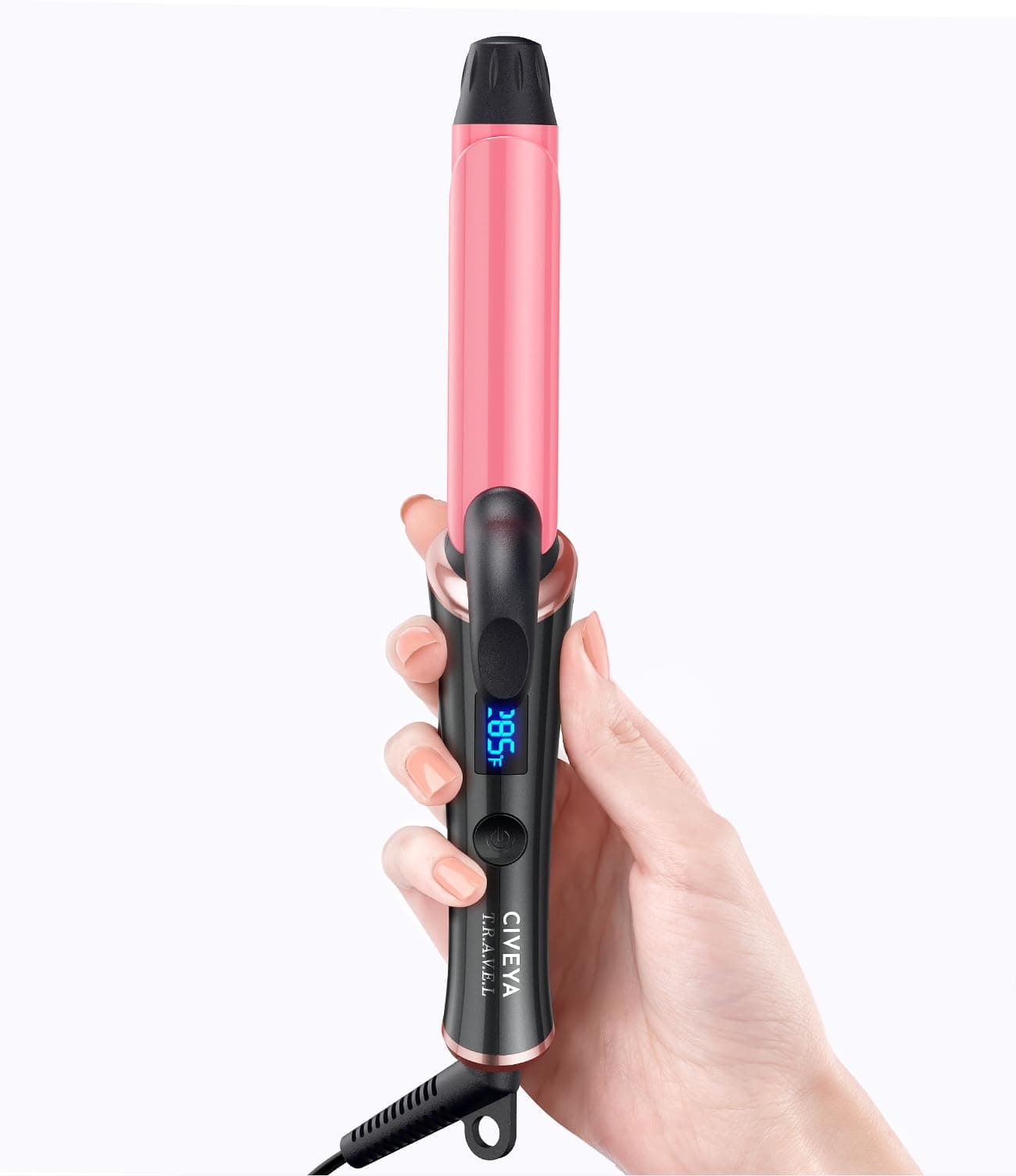 1 Inch Travel Curling Iron, Temp Control Mini Hair Curler with Dual Voltage, 5 Adjustable Temperatures, Strong Clip, Auto Shut-off, Swivel Cord, Pink