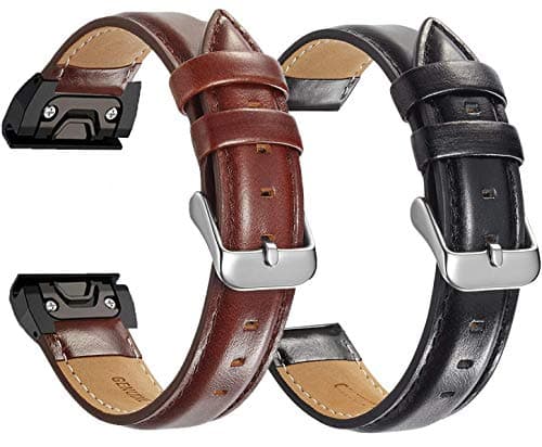 OTOPO Leather Strap for Fenix 6/6 Pro Bands & Fenix 5/5 Plus Bands & Forerunner 935/945 Bands, 2Pack 22mm Easy Fit Leather Wrist Band Replacement Bracelet Compatible Garmin Fenix 5/5 Plus Smartwatch