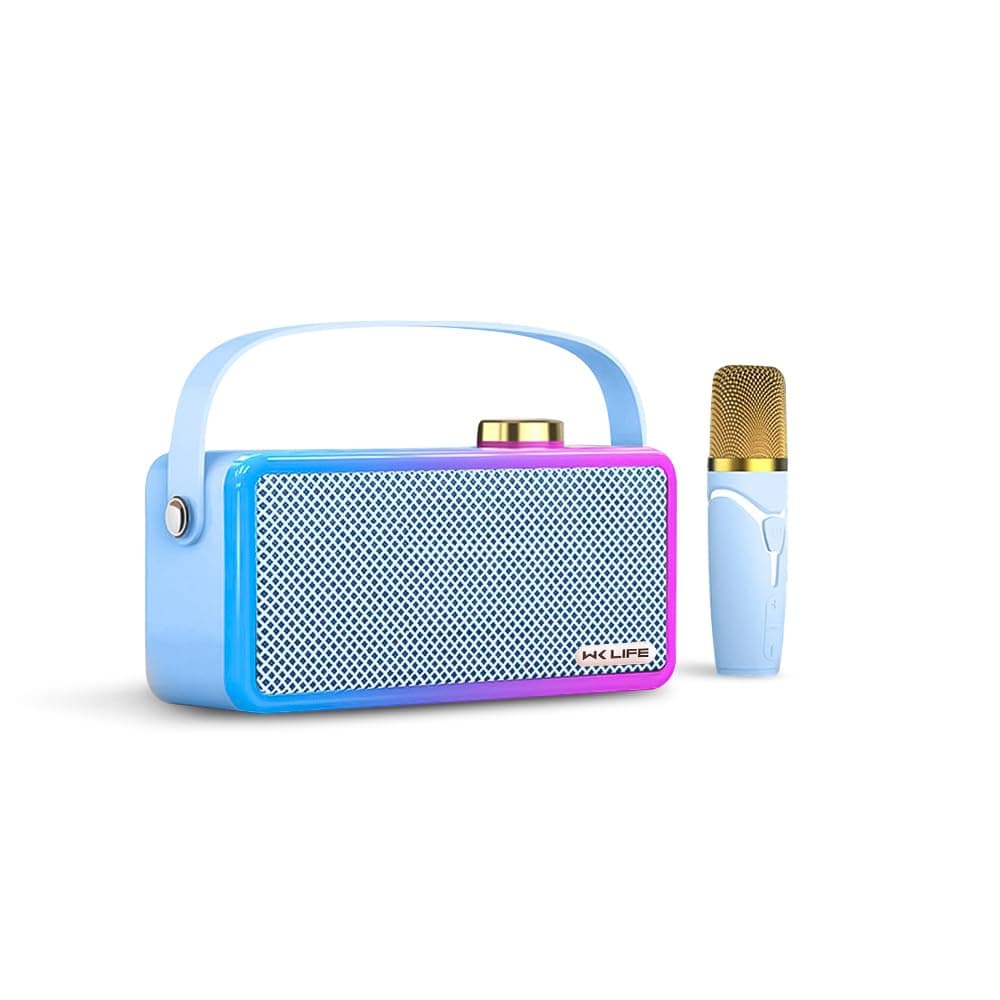 WK LIFE BORN TO LIVE- Bluetooth Speaker 16W Wireless Portable 3000mah Battery Stereo Party Speakers LED Lights,Karaoke for Adults Kids with Wireless Microphones, Support TF/USB/AUX for Outdoor- Blue