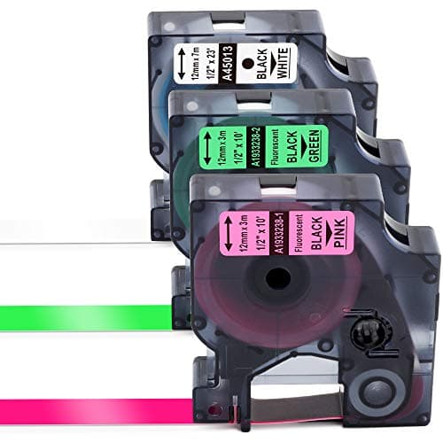 Competible D1 Label Tape Neon 45013 Color Labeling Tape Replacement for DYMO LabelManager 160, 210D, 260P, 280, 360D, 420P, 450D, Wireless PnP, 500TS, 450DUO Label Maker Black on White Green Pink 1/2