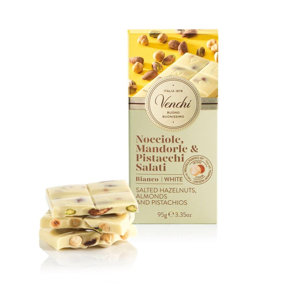 Salted White Chocolate with Hazelnuts Bar, with Salted Hazelnuts, Almonds and Pistachios, 95g, with "Piedmont Hazelnut", Gluten-Free, No Colourants or Preservatives