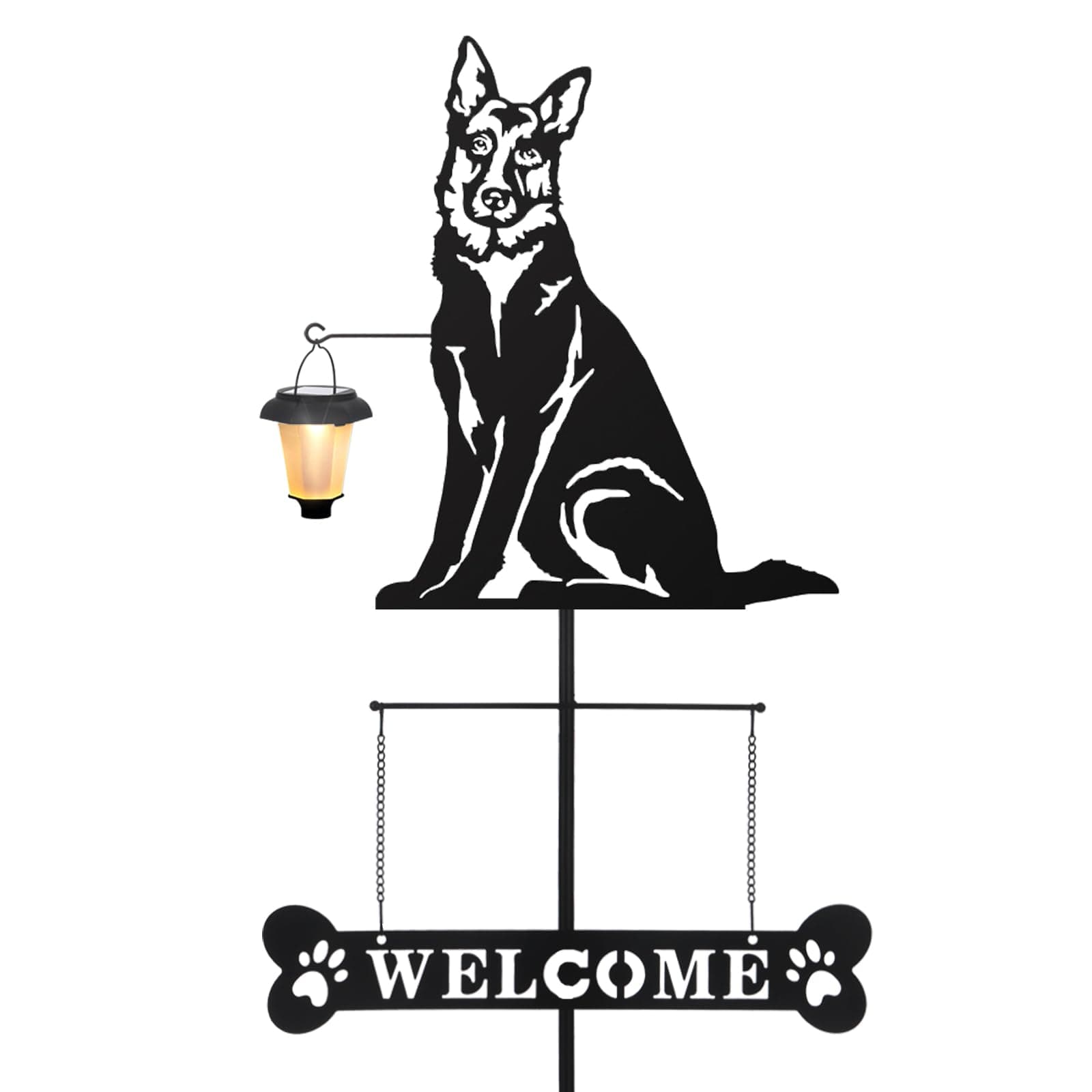 BAYN Solar German Shepherd Silhouette Dog Breed Welcome Sign with a Lantern Outdoor Decorative Garden Stakes for Yard, Lawn, Patio, Pathway