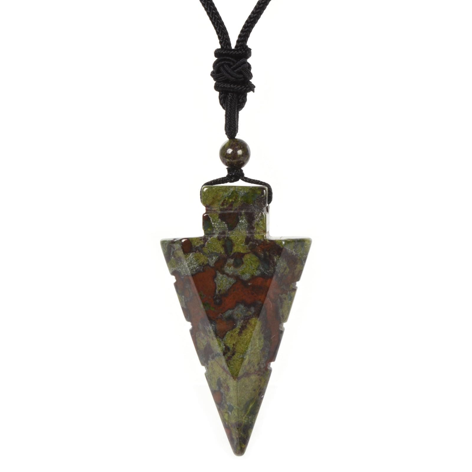 Dragon Blood Jasper Natural Gemstone 47mm Arrowhead Flatback Spearhead Healing Stone Crystal Amulet Pendant Adjustable Braided Cord Necklace 18 to 28 Inch