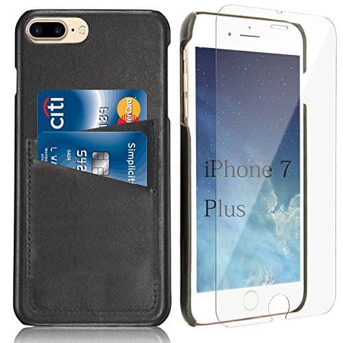iPhone 8 Plus iPhone 7 Plus Card Case - iPulse [Dallas Series] Genuine Italian Full Grain Leather Snap On Wallet Card Case for iPhone 7 Plus (5.5") with Tempered Glass Screen Protector - Black