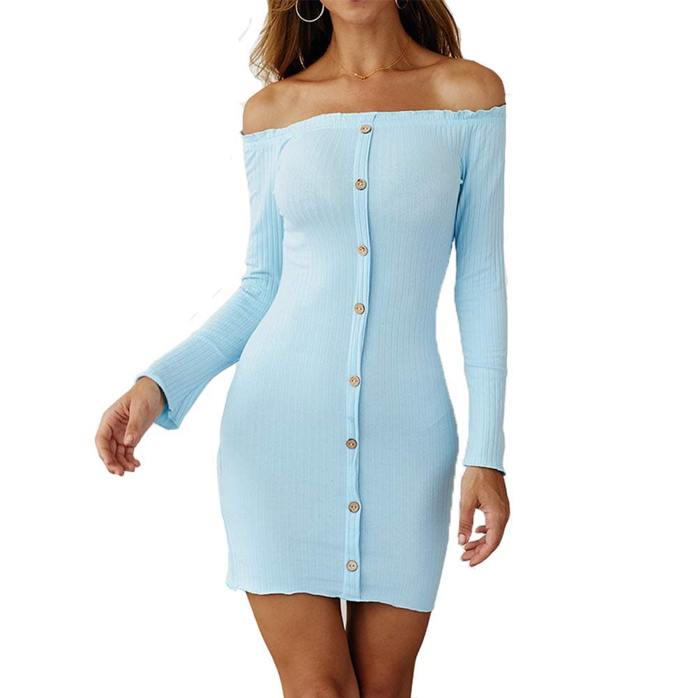 Susupeng Women's Off The Shoulder Ruched Long Sleeve Ribbed Bodycon Buttons Sexy Mini Dress (Medium, Light Blue)