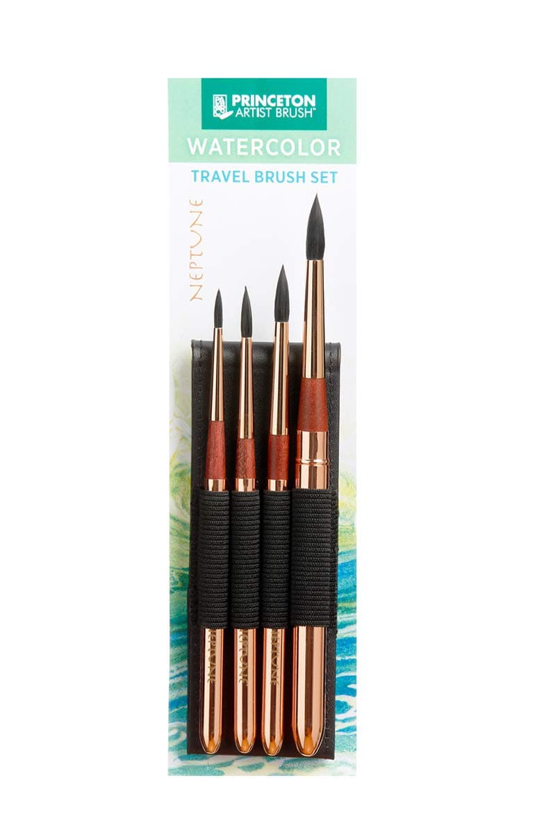 Princeton Neptune Fine Art Watercolours Brushes Pro Set, Synthetic Squirrel, 4 Piece Travel Brush Set, Short Handle, For Professionals & Students