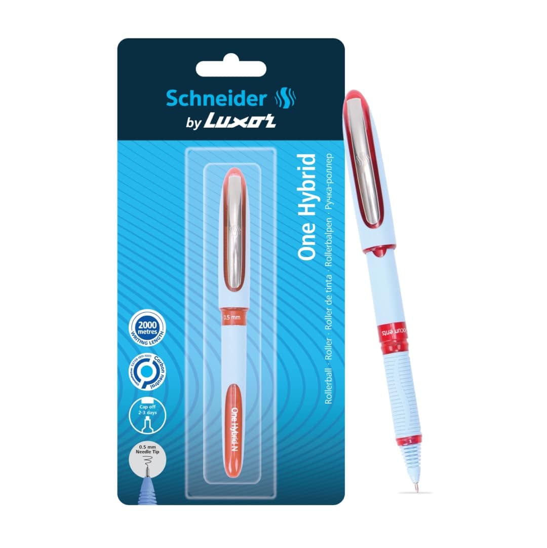 Schneider, One Hybrid Roller Ball Pen - Red, 0.5 mm, 2000 mtrs writing length, Waterproof Ink, Consistent ink flow, Ideal for Professionals & Office essential