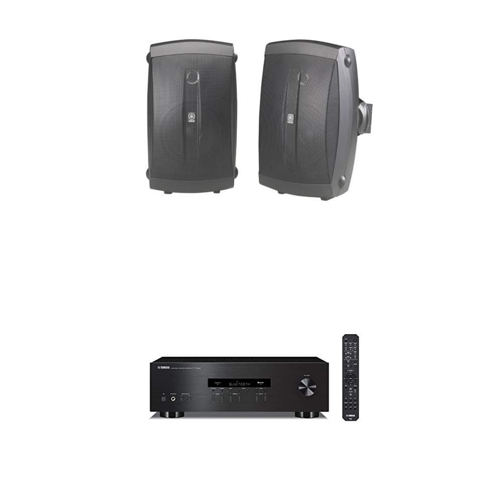 Yamaha NS-AW150BL 2-Way Indoor/Outdoor Speakers (Pair, Black) - Wired with Yamaha R-S202BL Stereo Receiver